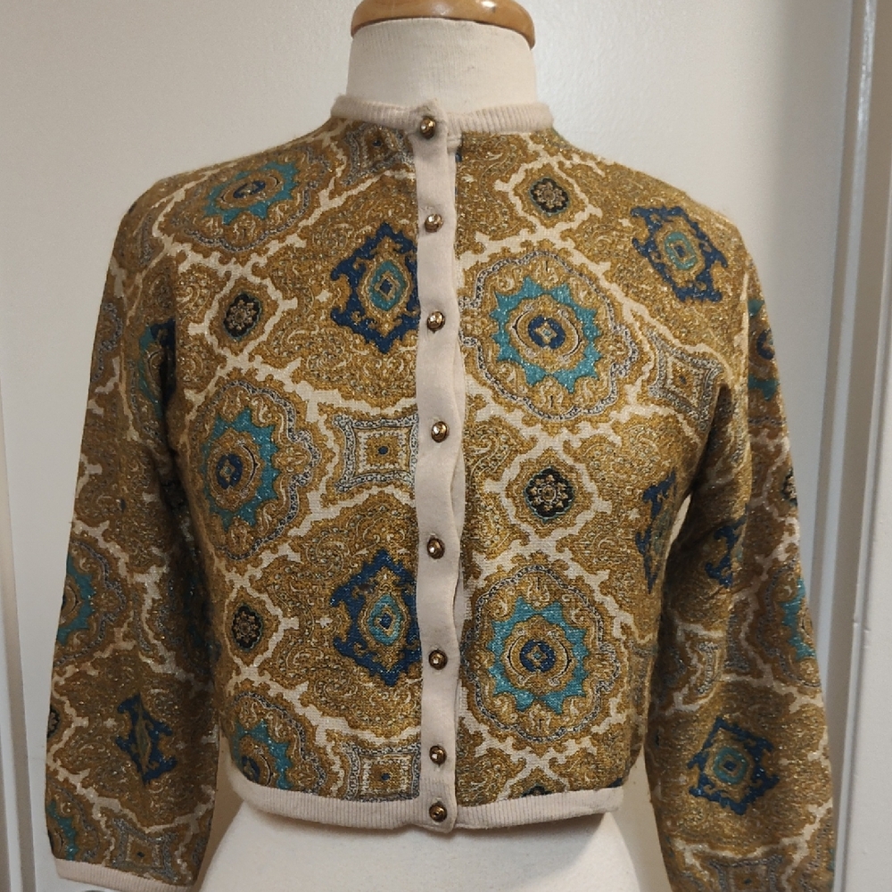 Vintage Gold and Blue Patterned Crop Cardigan Size S/M